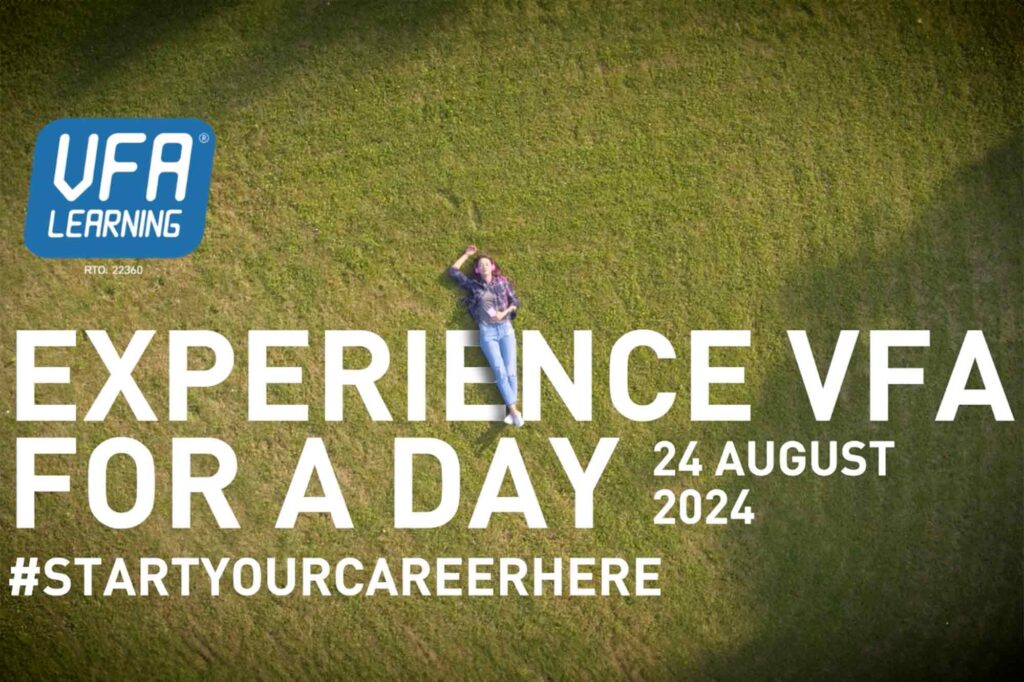 Student lying on grass, text overlay: 'Experience VFA for a day 24th August 2024'